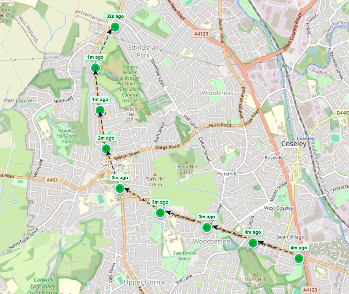 Traced API calls showing vehicle locations across the simulated city
