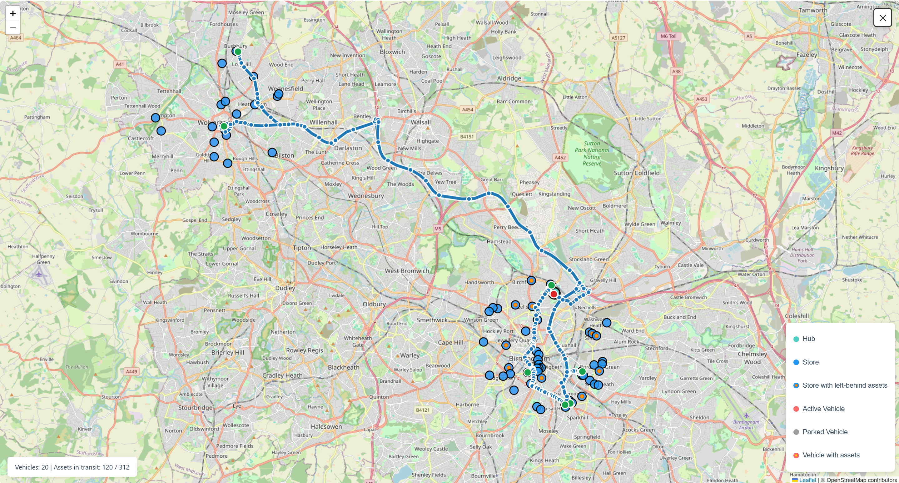 Planned vehicle route in the asset tracking regression test